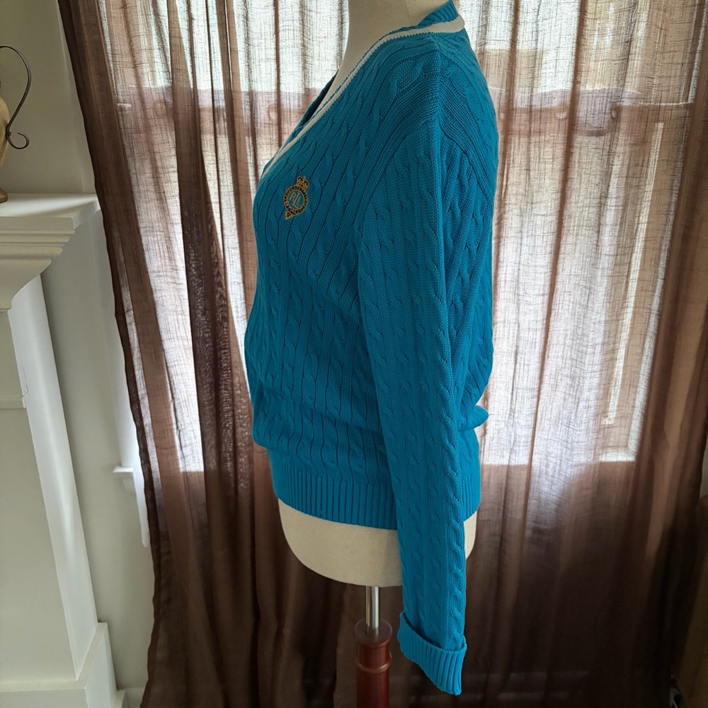 Ralph Lauren Active Cotton V-neck Preppy Cable Knit Sweater - Picture 10 of 12